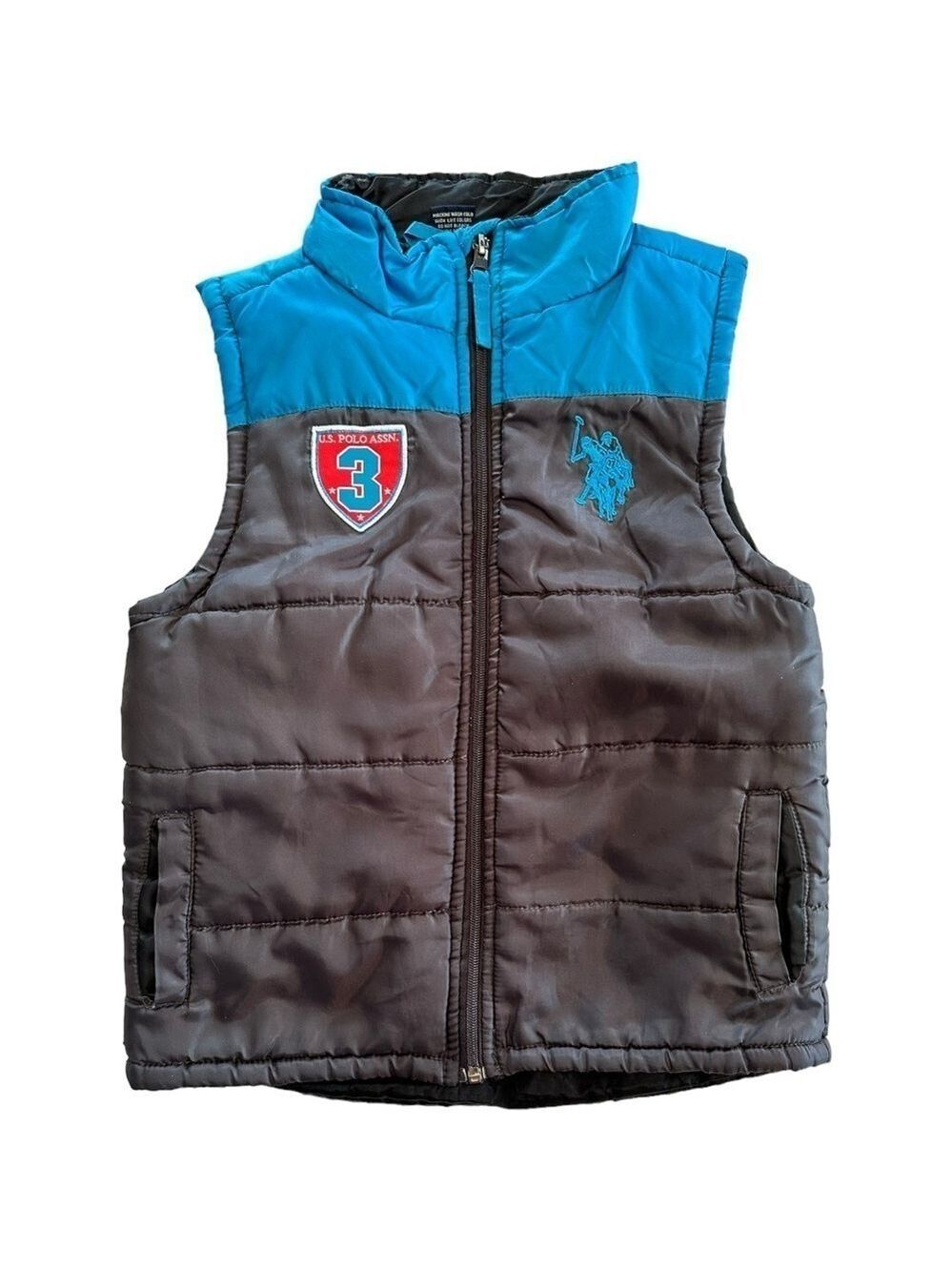 US Polo Assn. Boys Puffer Winter Vest, Boys 7, Blue & Black Zipper Front Pockets